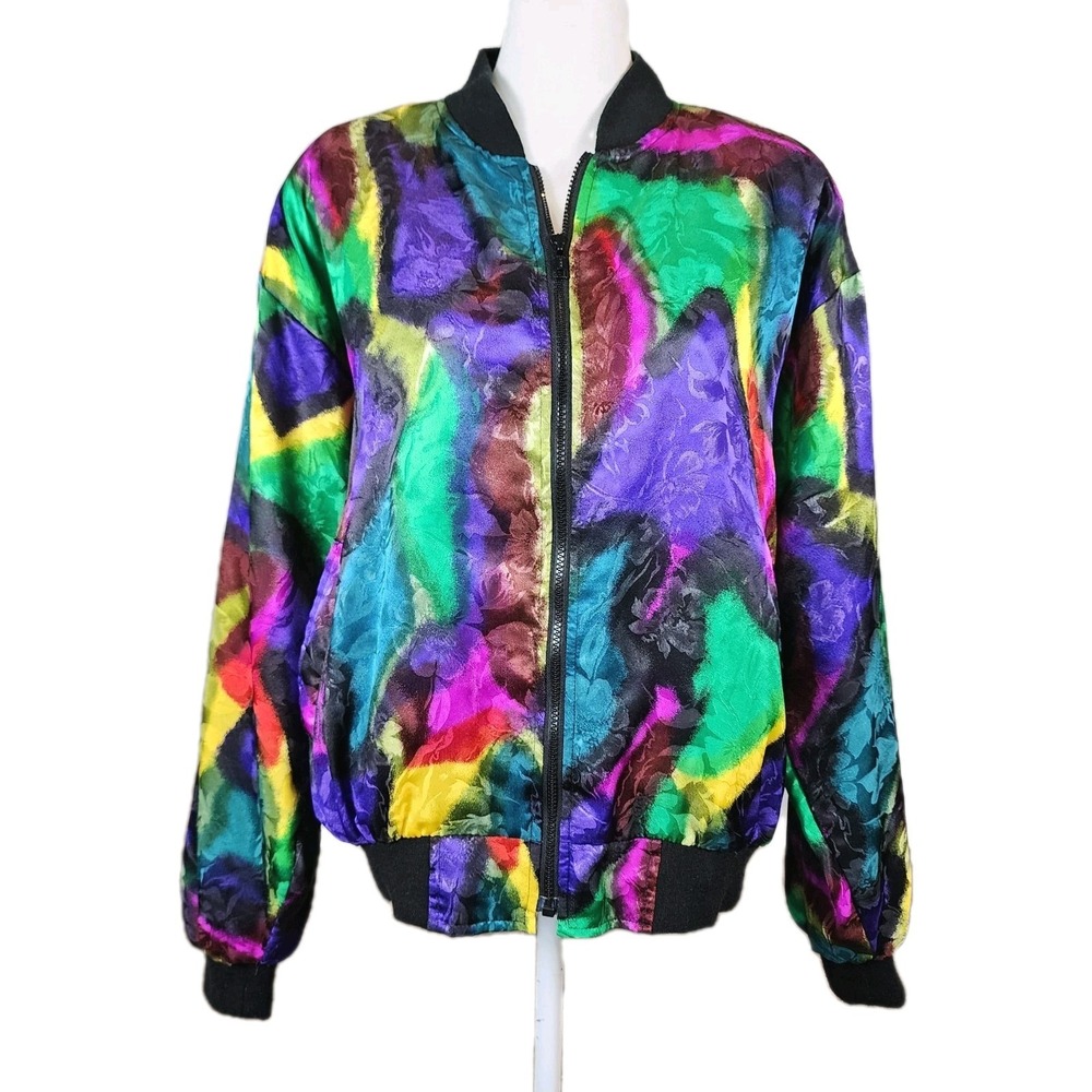Casual Corner Satin Bomber Jacket Womens One Size Colorful Jacquard Abstract 80s